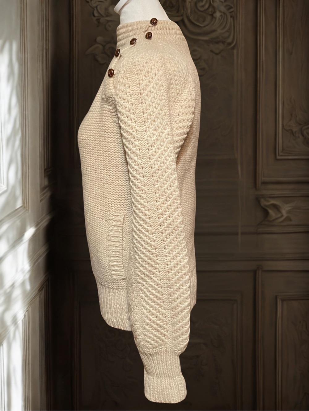 Vintage 1980s EDDIE BAUER Womens Sweater S/P Cream 100% Pure Wool Button Neck - Picture 4 of 12